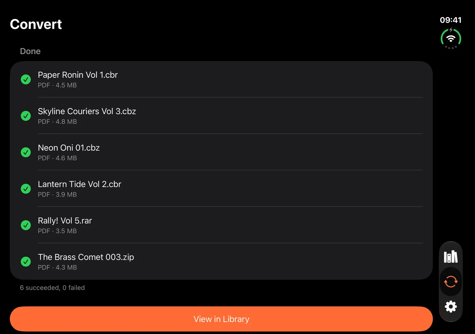 The ComicFlow Convert screen on an unfolded iPhone Duo after a batch: six files each converted to PDF with a checkmark and size, 6 succeeded, 0 failed