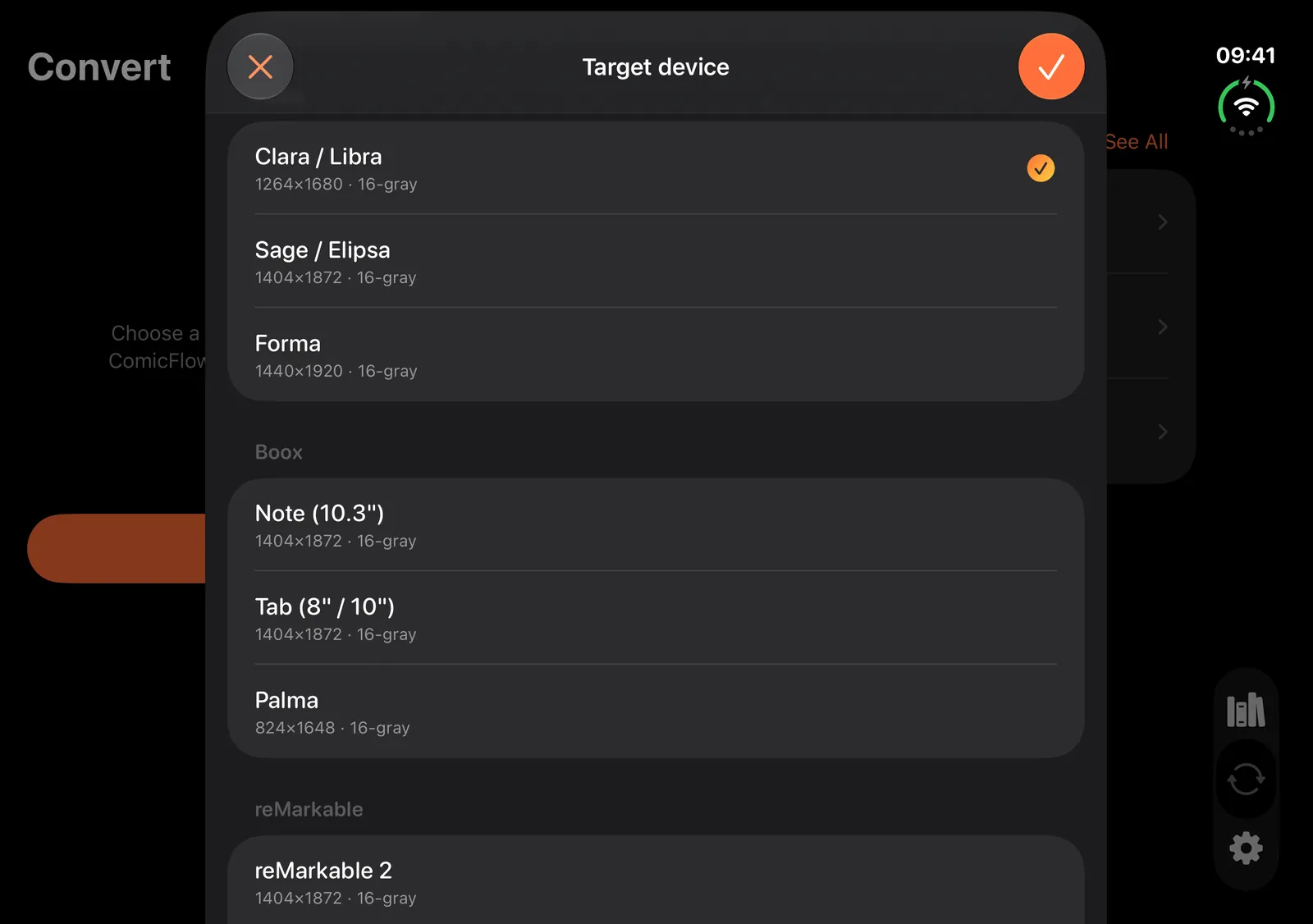 ComicFlow's Target device sheet on an unfolded iPhone Duo, listing Kobo Clara / Libra (1264×1680, 16-gray, selected), Sage / Elipsa and Forma, then Boox Note (10.3 inch), Tab (8 or 10 inch) and Palma, then reMarkable 2, each with its screen resolution and grey depth