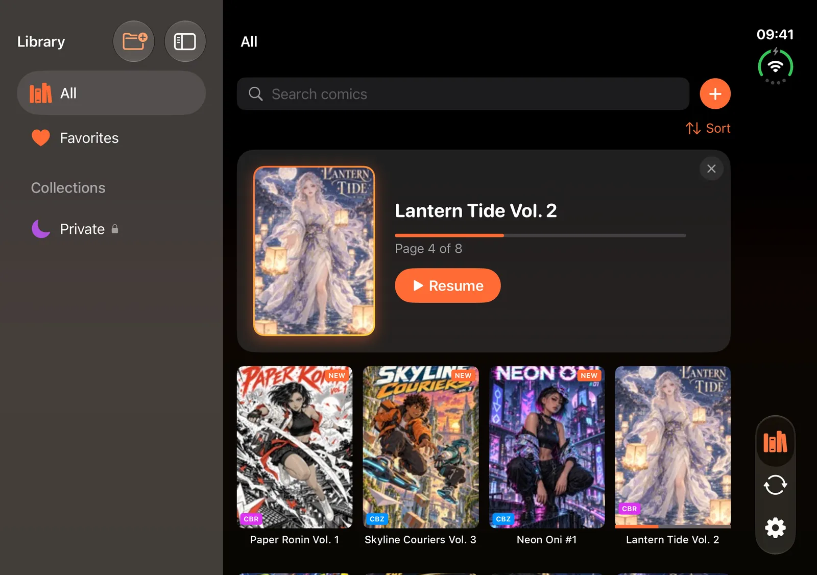 The ComicFlow library on an unfolded iPhone Duo with a Continue Reading card above the cover grid and the collections sidebar on the left