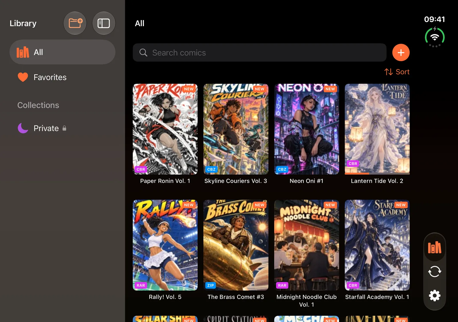 The ComicFlow library on an unfolded iPhone Duo with a collections sidebar (All, Favorites, Private) beside the cover grid and a tab rail on the right