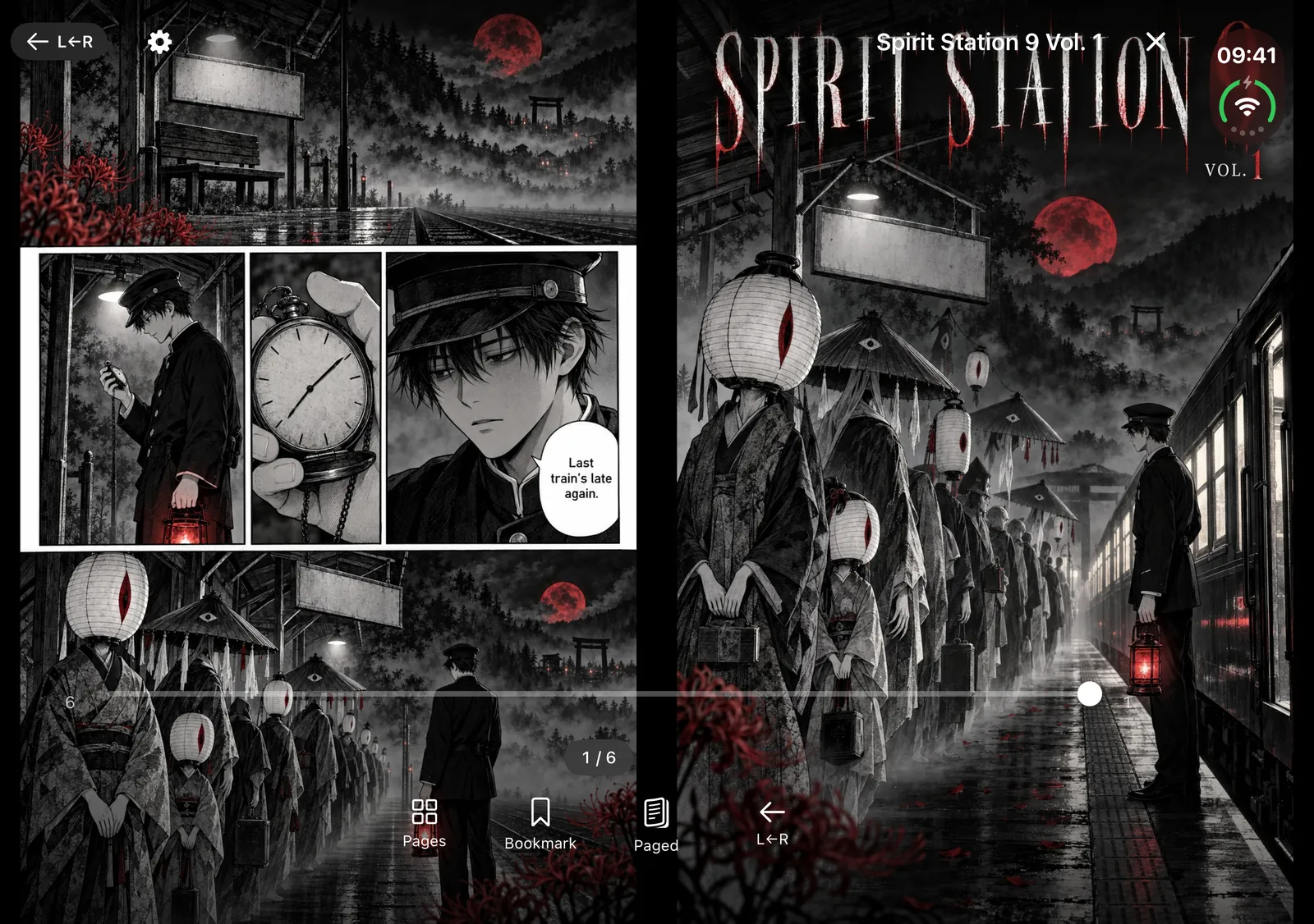 The ComicFlow reader on an unfolded iPhone Duo showing a manga two-page spread across the fold, read right to left