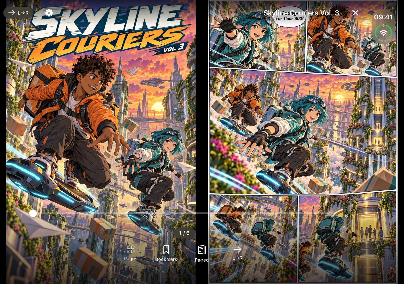The ComicFlow reader on an unfolded iPhone Duo with a two-page spread across the fold: the cover on the left display and page 1 on the right