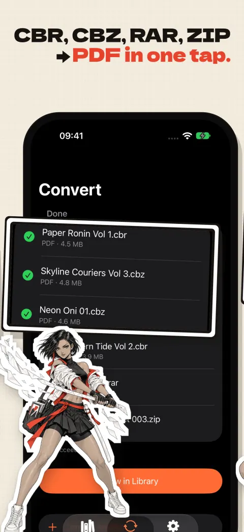 CBR, CBZ, RAR and ZIP to PDF in one tap: the Convert screen with Paper Ronin, Skyline Couriers and Neon Oni each converted to PDF with a checkmark, as Kaede slashes through the list