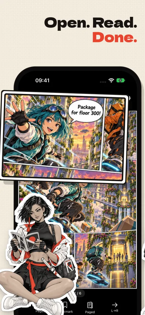 Open, read, done: the ComicFlow reader with a full-colour Skyline Couriers page, while Kaede sits cross-legged reading a comic