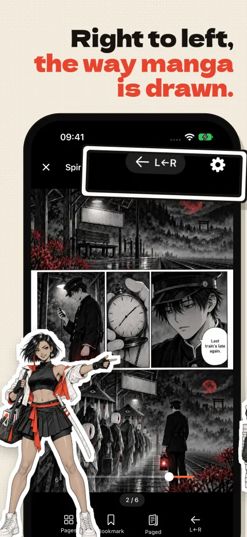 Right to left, the way manga is drawn: a black and white Spirit Station 9 page in the reader with the right-to-left direction switch highlighted, and Kaede pointing at it