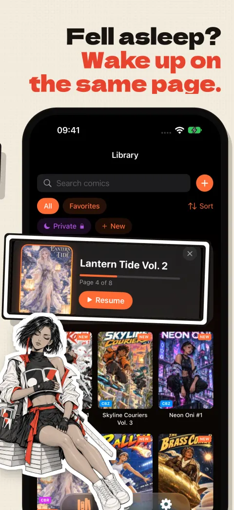 Fell asleep? Wake up on the same page: a Continue Reading card for Lantern Tide Vol. 2 at page 4 of 8 with a Resume button, and Kaede asleep against a stack of manga