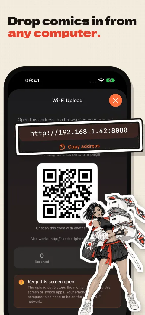Drop comics in from any computer: the Wi-Fi Upload screen with the address http://192.168.1.42:8080, a Copy address button and a QR code, and Kaede carrying a teetering pile of comics