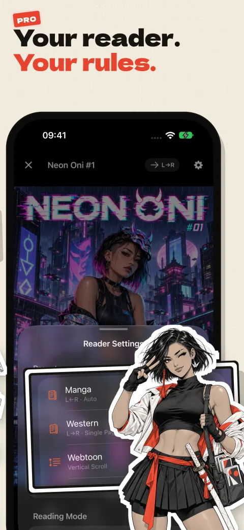 Your reader, your rules (Pro): Reader Settings over Neon Oni #1 with Manga, Western and Webtoon presets, and Kaede winking with a two-finger salute