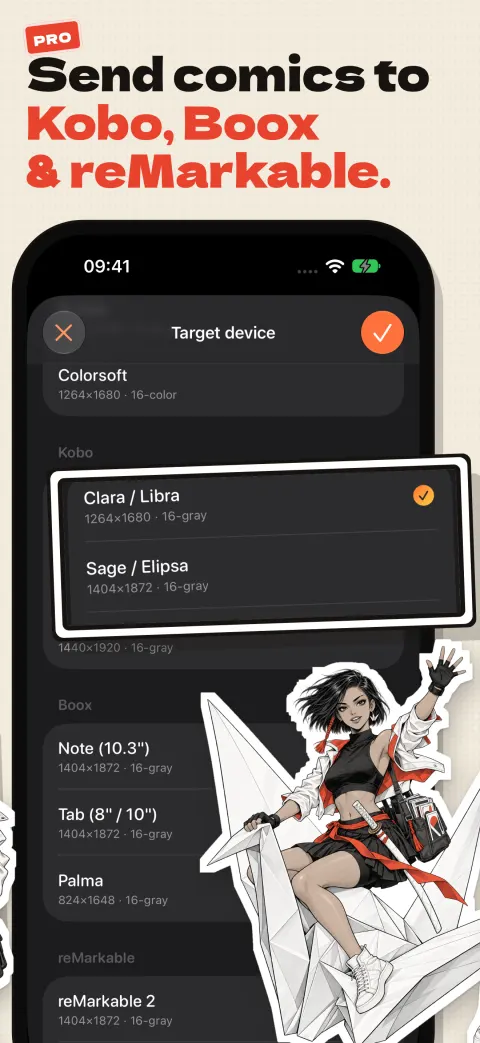 Send comics to Kobo, Boox and reMarkable (Pro): the Target device picker with Kobo Clara and Libra selected, and Kaede riding a giant folded paper crane