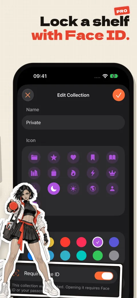 Lock a shelf with Face ID (Pro): the Edit Collection sheet for a Private collection with Require Face ID switched on, and Kaede pressing a vermilion seal stamp toward the viewer