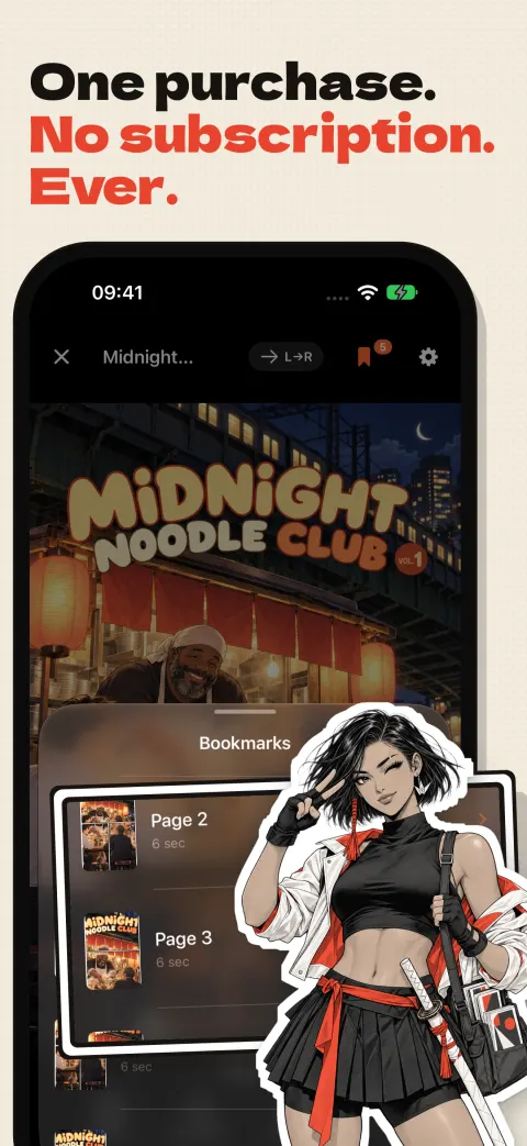One purchase, no subscription, ever: the Bookmarks sheet over Midnight Noodle Club in the reader, and Kaede winking
