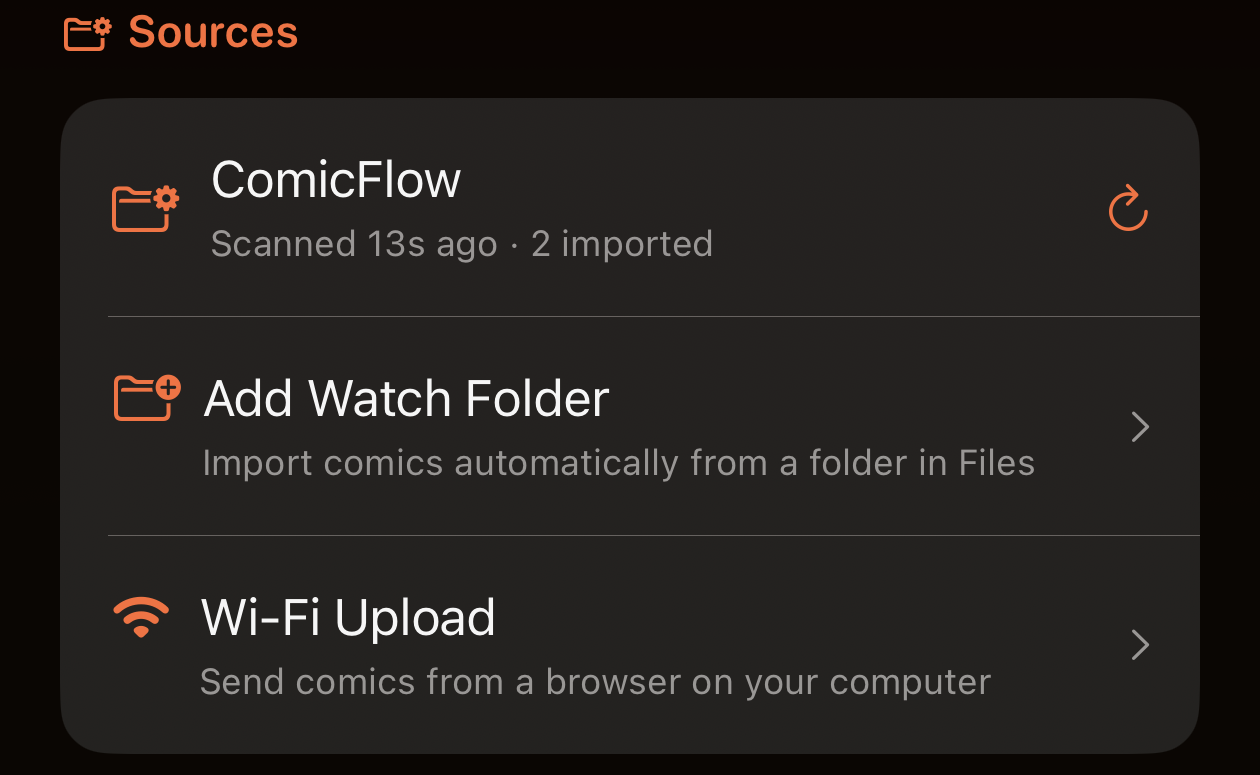 ComicFlow's Sources screen, showing a watched folder named ComicFlow that scanned 13 seconds ago and imported 2 comics, above rows for Add Watch Folder and Wi-Fi Upload