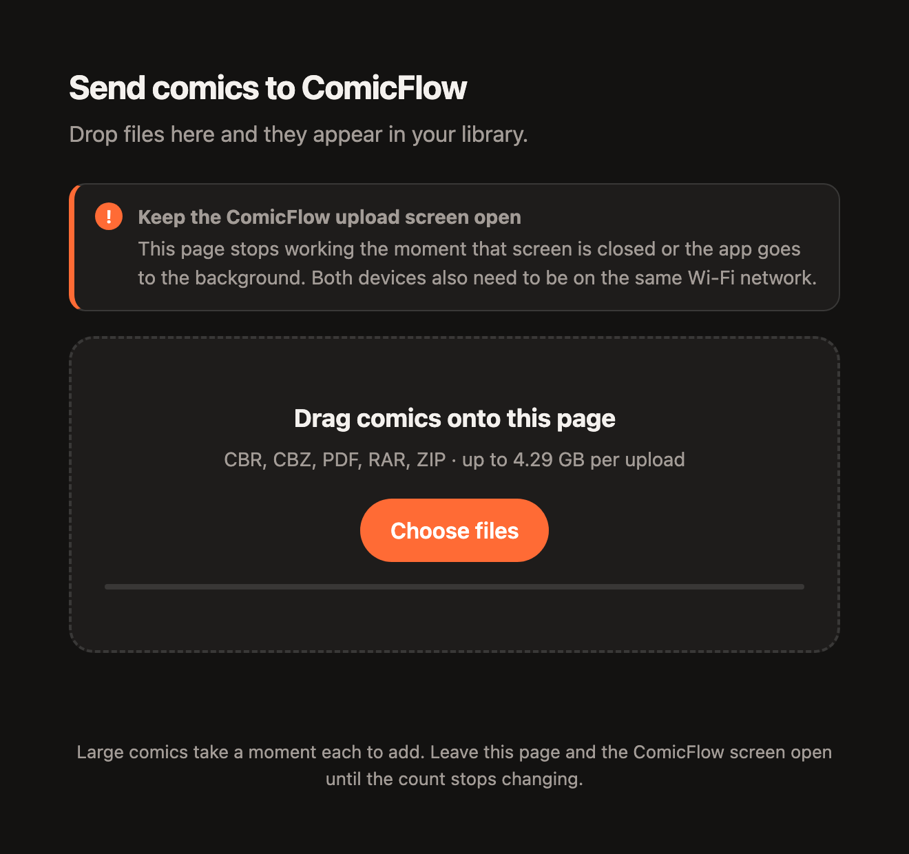 The ComicFlow upload page in a desktop browser, headed Send comics to ComicFlow, with a dashed drop zone reading Drag comics onto this page and a Choose files button