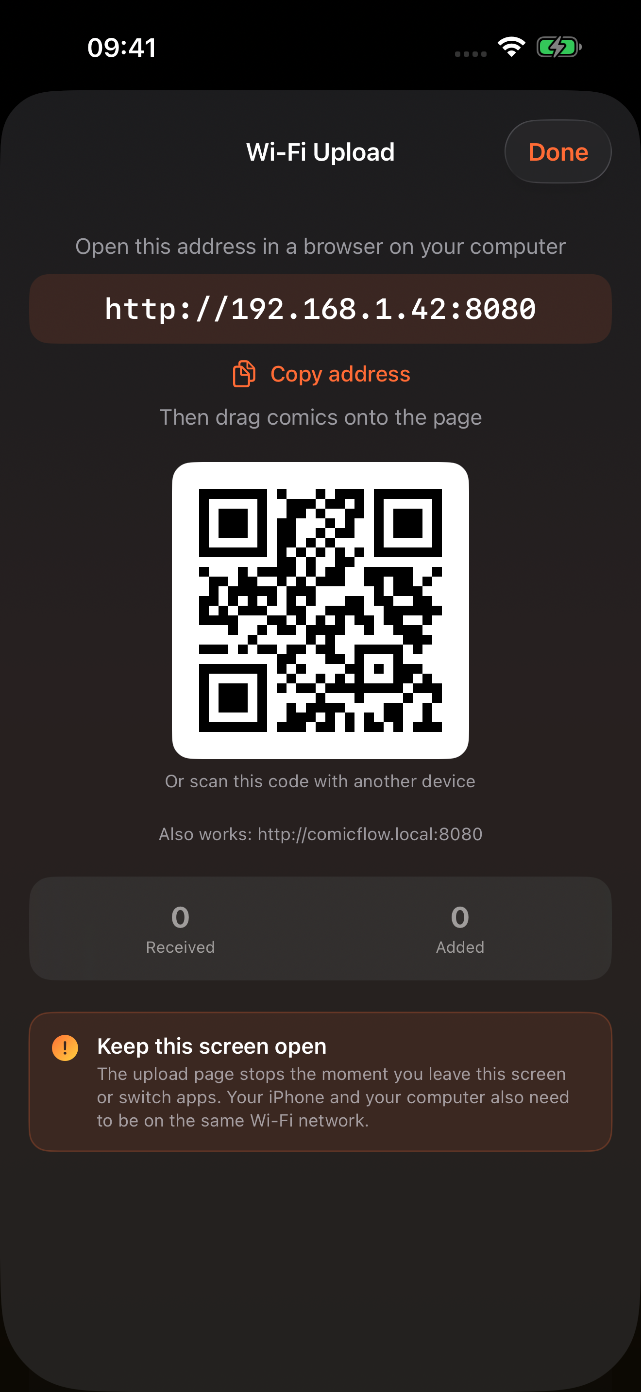 ComicFlow's Wi-Fi Upload screen on iPhone showing the address, a Copy address button, a QR code, and counters for files received and added