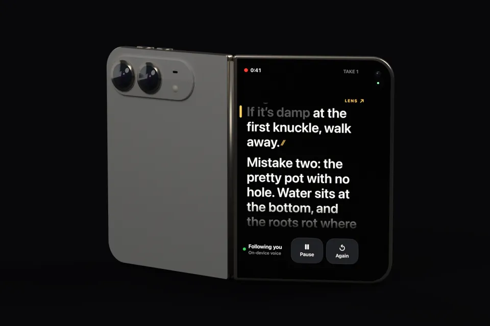 A rendered iPhone Duo standing like a book with its backs toward you. The outer screen shows the Fold Cue script with a LENS mark, beside the rear cameras.