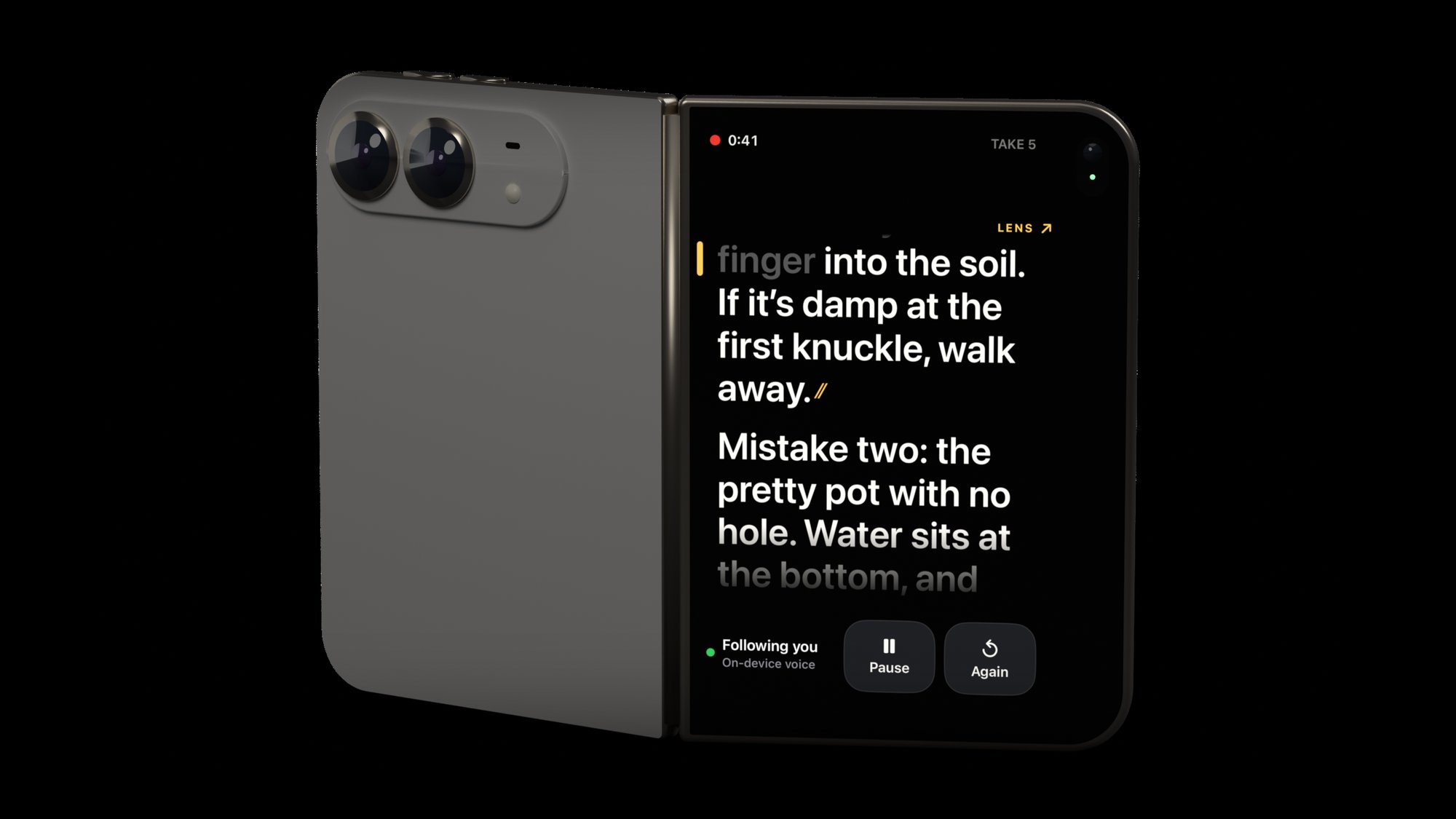 A rendered iPhone Duo standing open with its backs toward the viewer. The back cameras are on one half and the outer screen with a Fold Cue script is on the other.