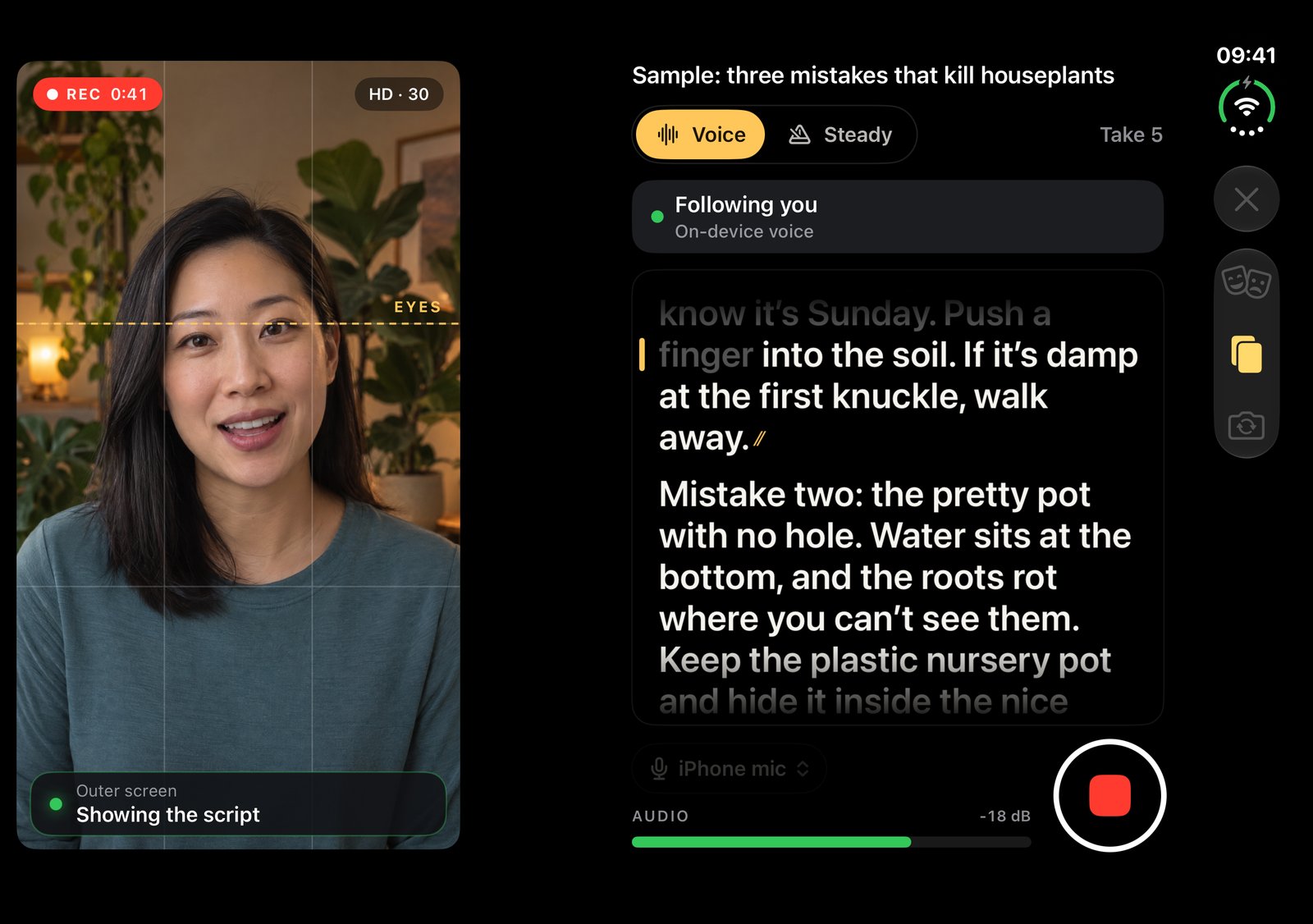 The inner screen of iPhone Duo in the director's view: the back camera picture of a woman reading on the left; the script, the follow status, the sound level and the record button on the right.