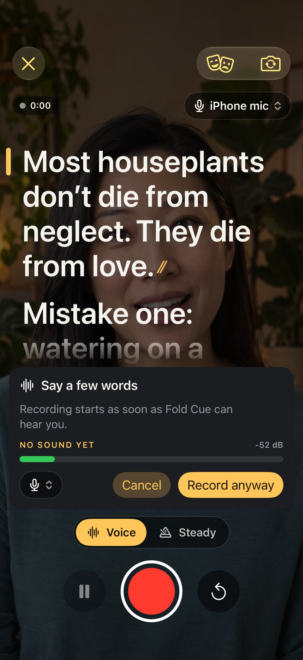 Over a dimmed camera picture, the mic check card asks you to say a few words, with a level meter reading no sound yet, the iPhone mic selected, and Cancel and Record anyway buttons.