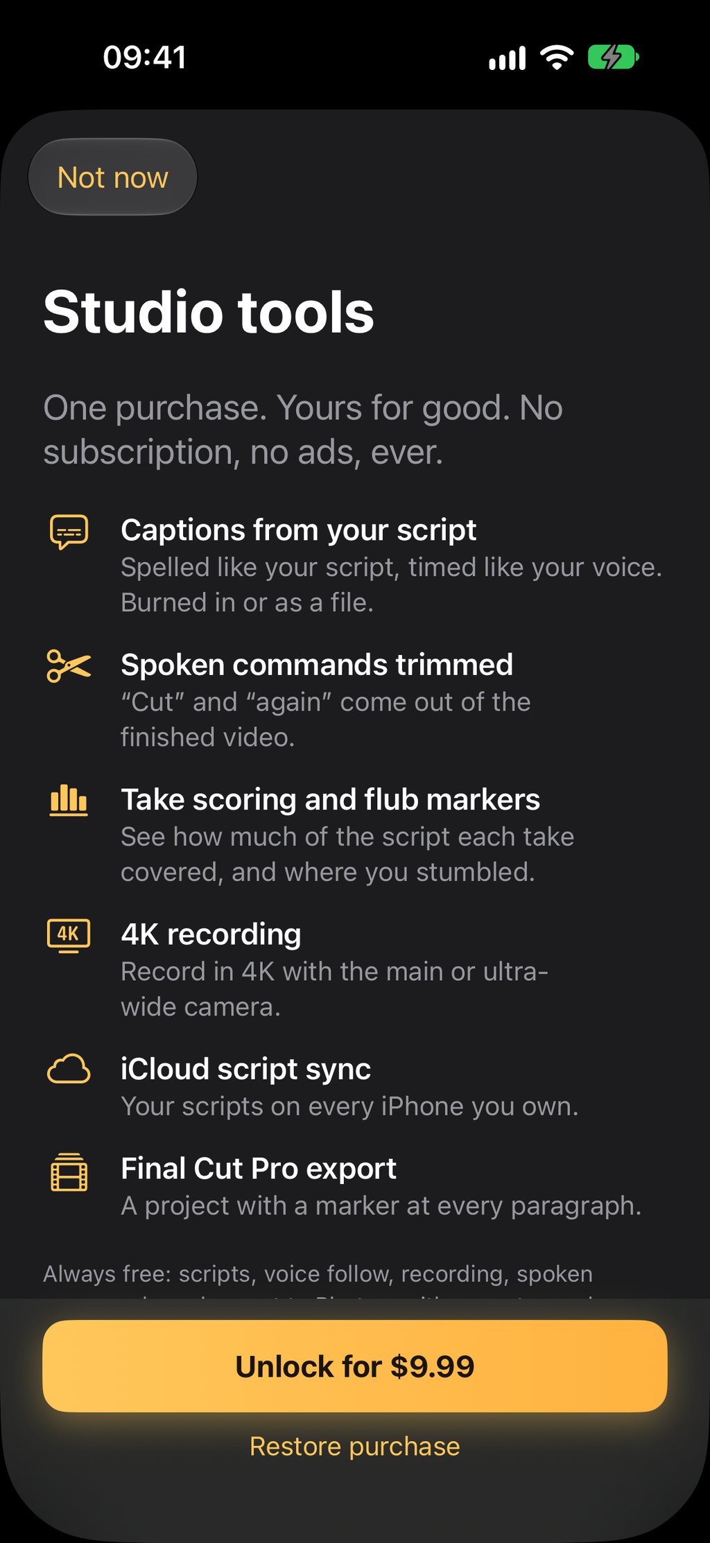 The Studio tools screen listing the Pro features, captions, command trimming, take scoring, 4K, iCloud script sync and Final Cut Pro export, with an Unlock for $9.99 button.