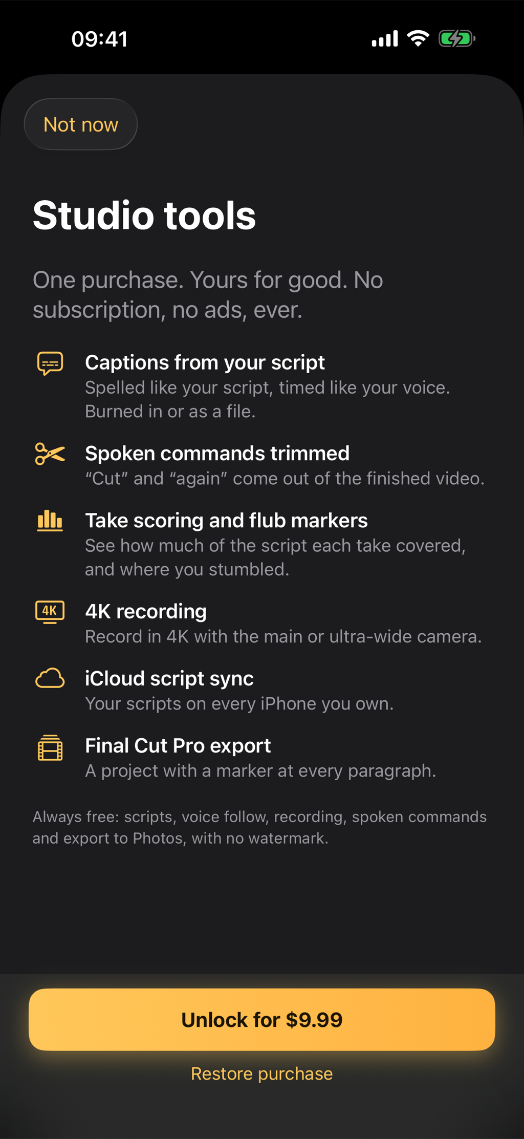 The Studio tools screen listing the Pro features, captions, command trimming, take scoring, 4K, iCloud script sync and Final Cut Pro export, with an Unlock for $9.99 button.