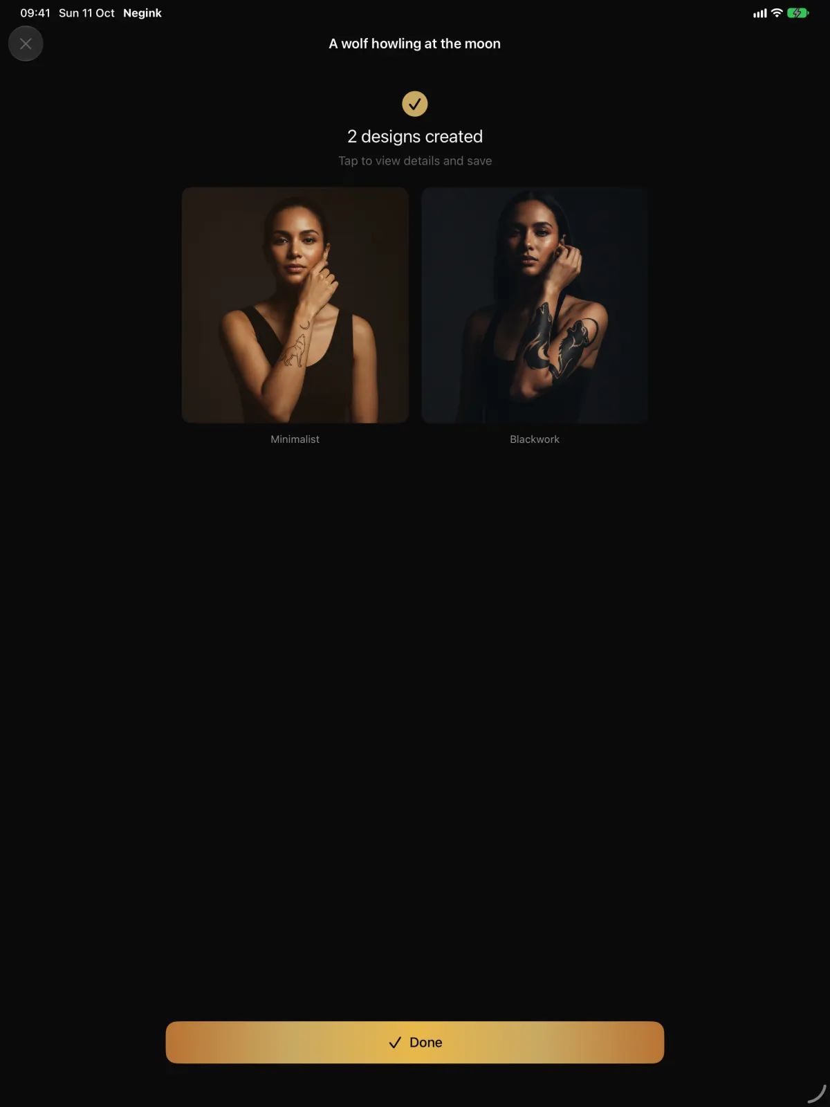Negink on iPad after generating two designs of a wolf howling at the moon, in Minimalist and Blackwork, each previewed on a body