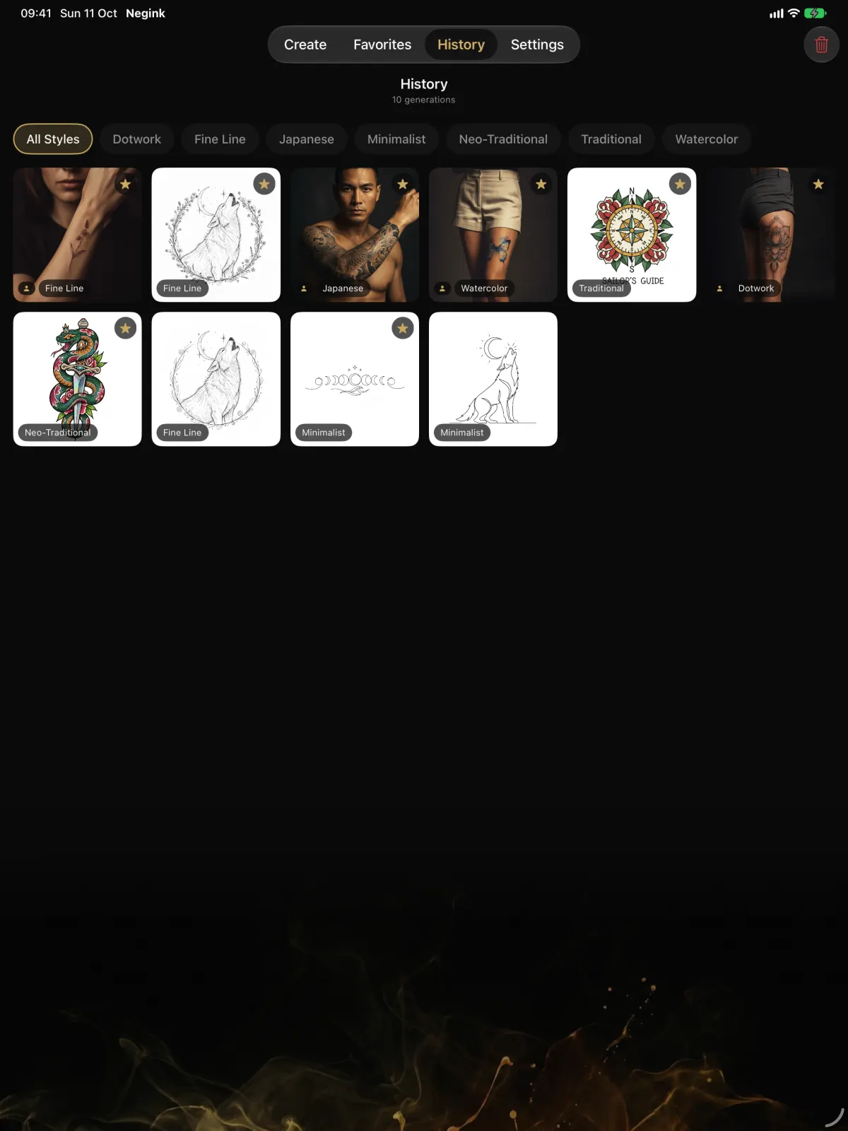 Negink on iPad: the History screen with a grid of saved tattoo designs and body previews, filterable by style