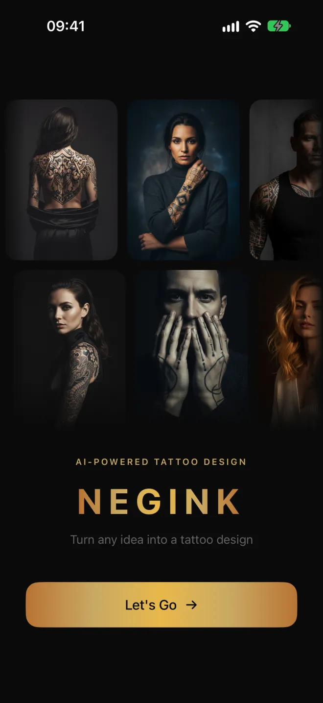 Negink welcome screen with a collage of tattooed models and a Let's Go button