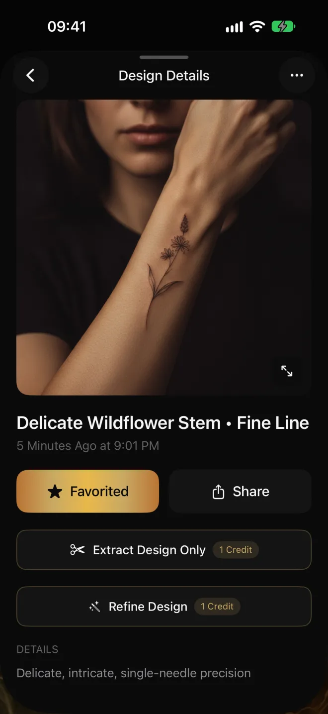 A fine-line wildflower stem tattoo previewed on a woman's wrist in Negink's design details