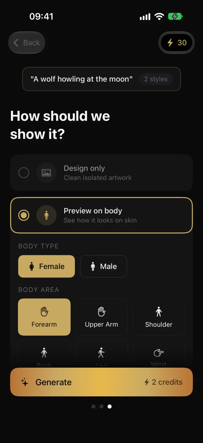 Choosing to preview the tattoo on the body, with female body type and forearm placement selected