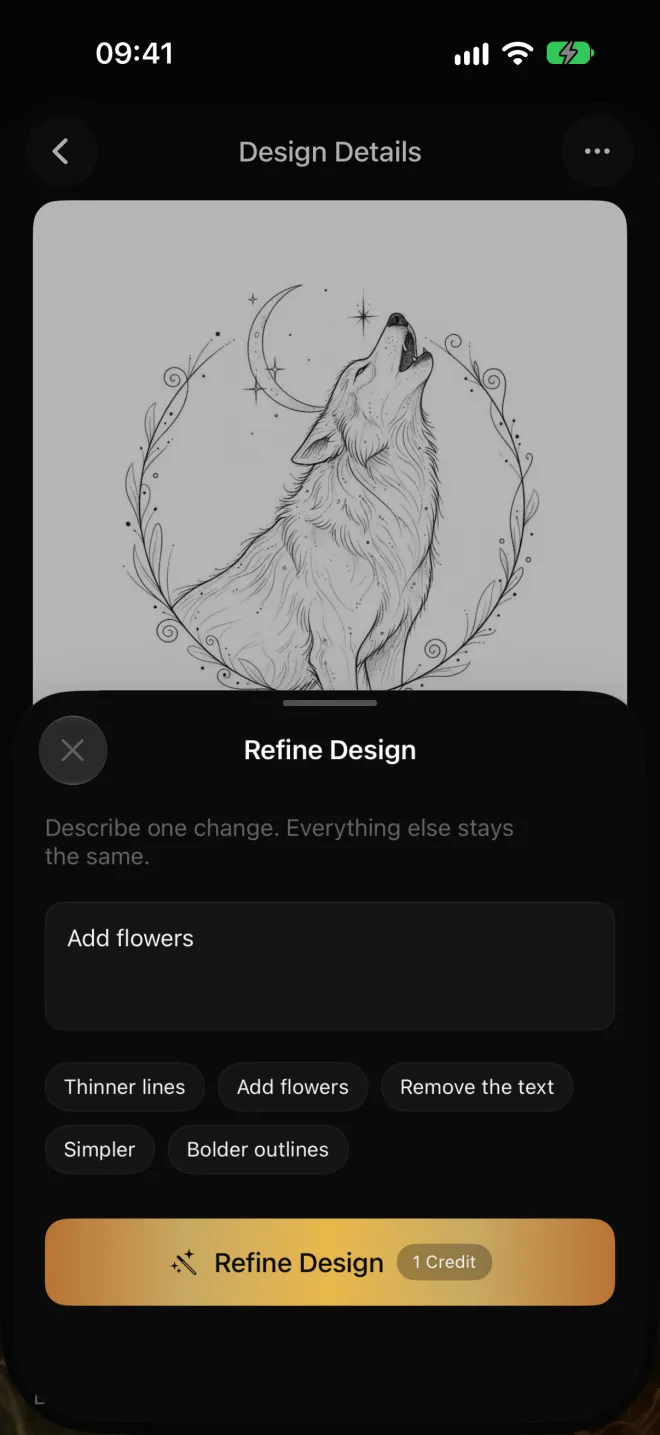 Refine Design sheet over a fine-line wolf tattoo, asking to add flowers while keeping the rest