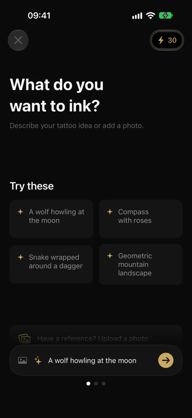 Describing a tattoo idea, with example ideas like a wolf howling at the moon and a compass with roses