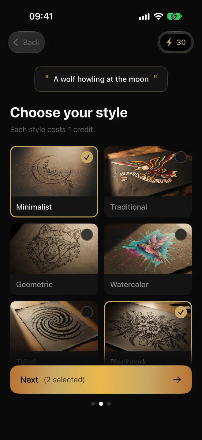 Choosing tattoo styles, with Minimalist and Blackwork selected; each style costs one credit