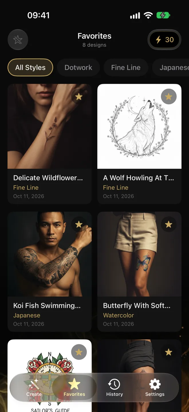 Favorites collection of saved tattoo designs and body previews
