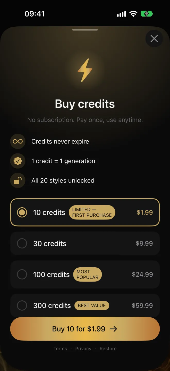 Buy credits screen: no subscription, credits never expire; packs of 10, 30, 100 and 300 credits