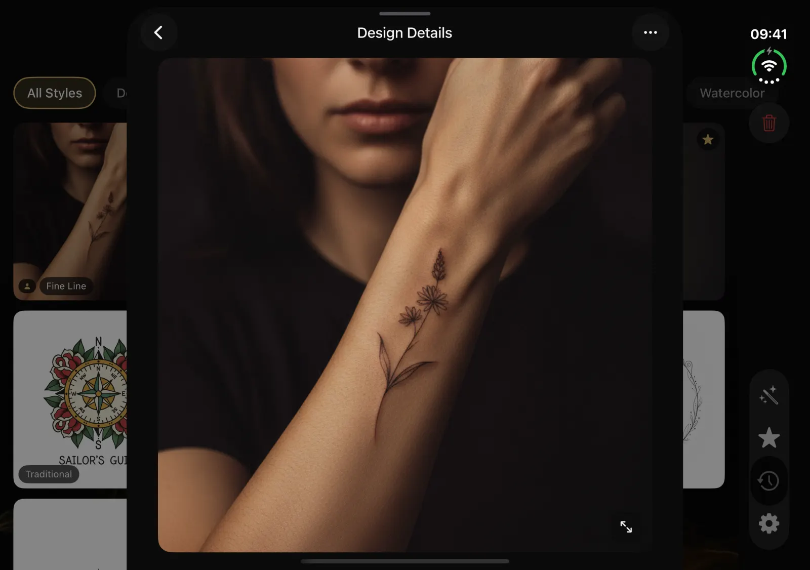 Negink on the inner display of an iPhone Duo: design details for a fine-line wildflower tattoo previewed on a wrist, beside the saved designs