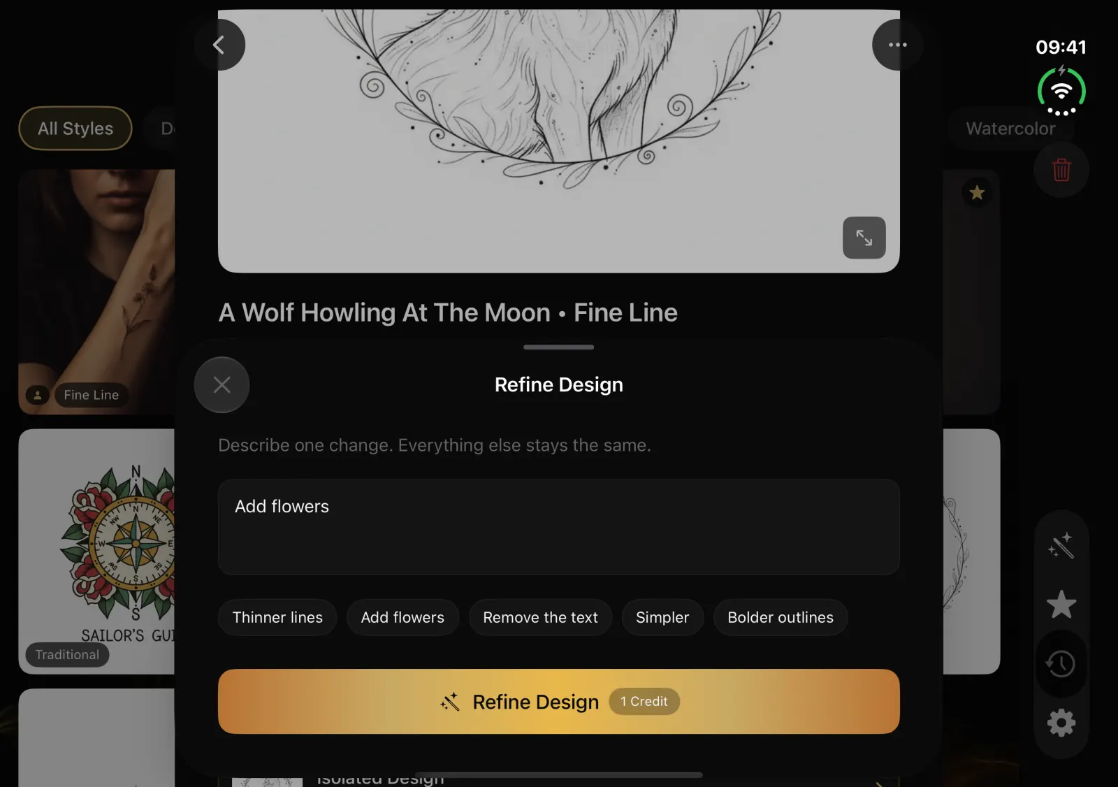 Negink on the inner display of an iPhone Duo: the Refine Design sheet over a fine-line wolf design asks to add flowers, with suggestions like Thinner lines and Remove the text, beside the saved designs
