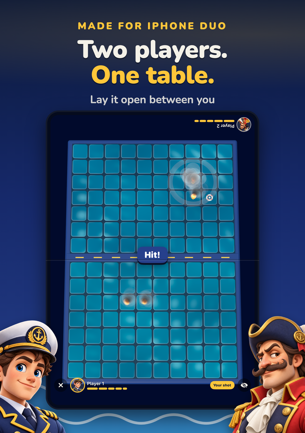Two players. One table. The open iPhone Duo lies flat between the players. Both fleets are hidden, and a hit shows on the board.