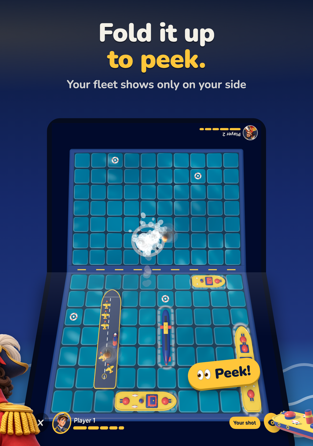 Fold it up to peek. An illustration of the open iPhone Duo with the near half folded up toward the player, so their fleet shows only on their side.