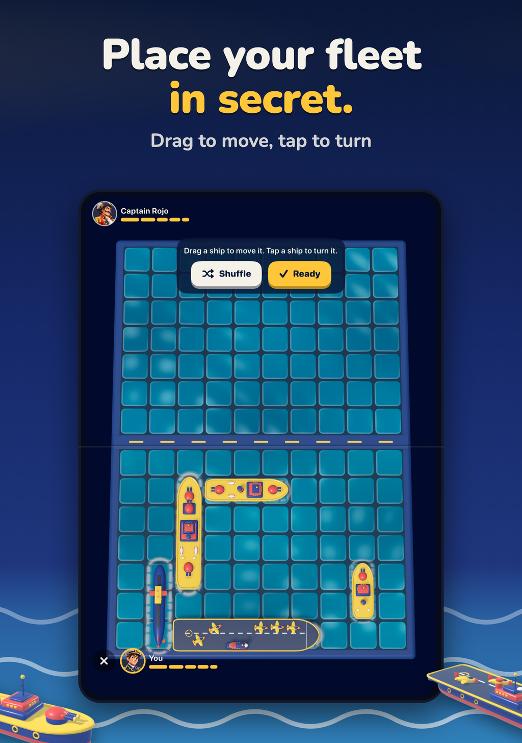 Place your fleet in secret. The placement screen on the open iPhone Duo with the Shuffle and Ready buttons.