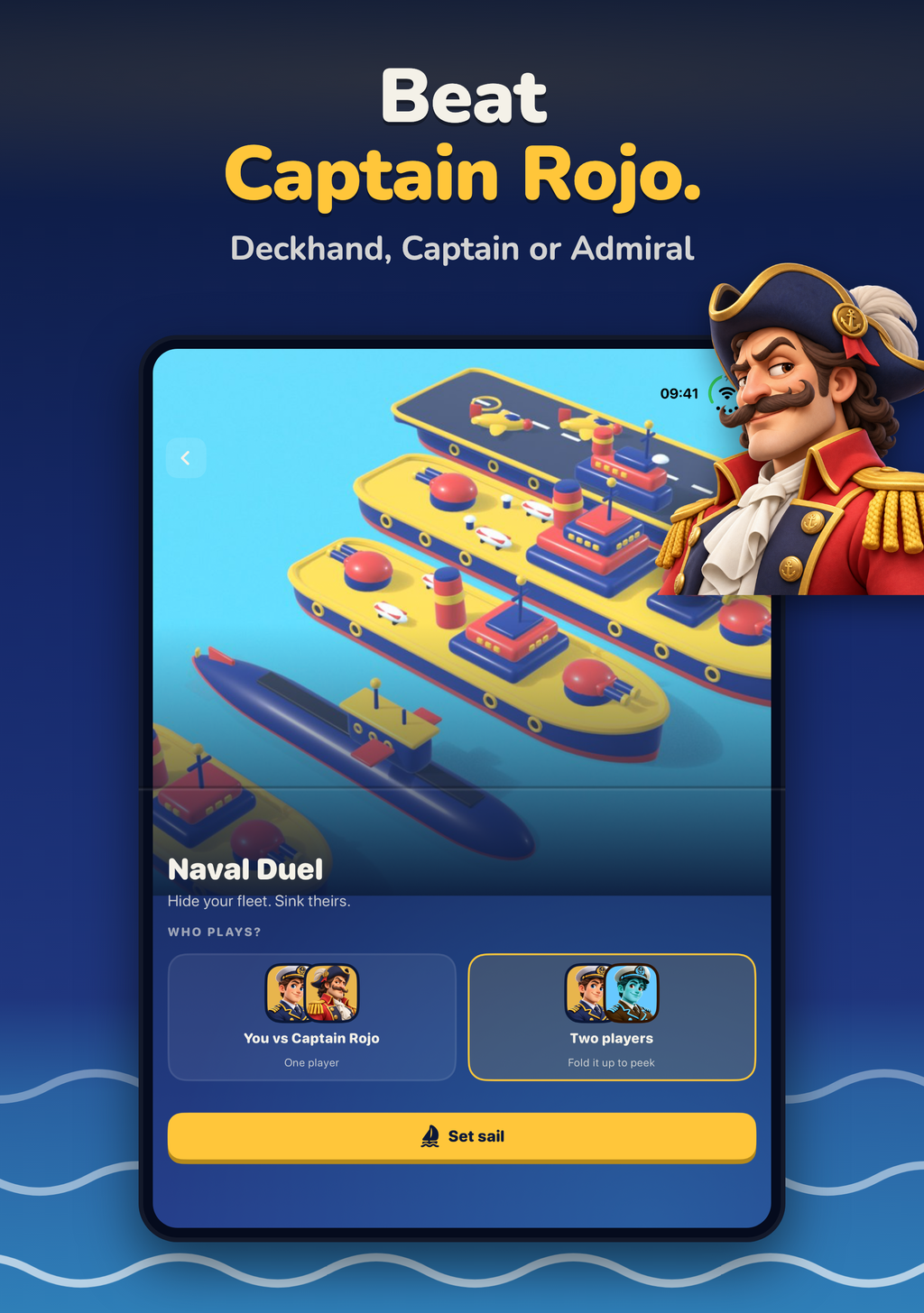 Beat Captain Rojo. The setup screen on the open iPhone Duo with the three levels and a Set sail button.