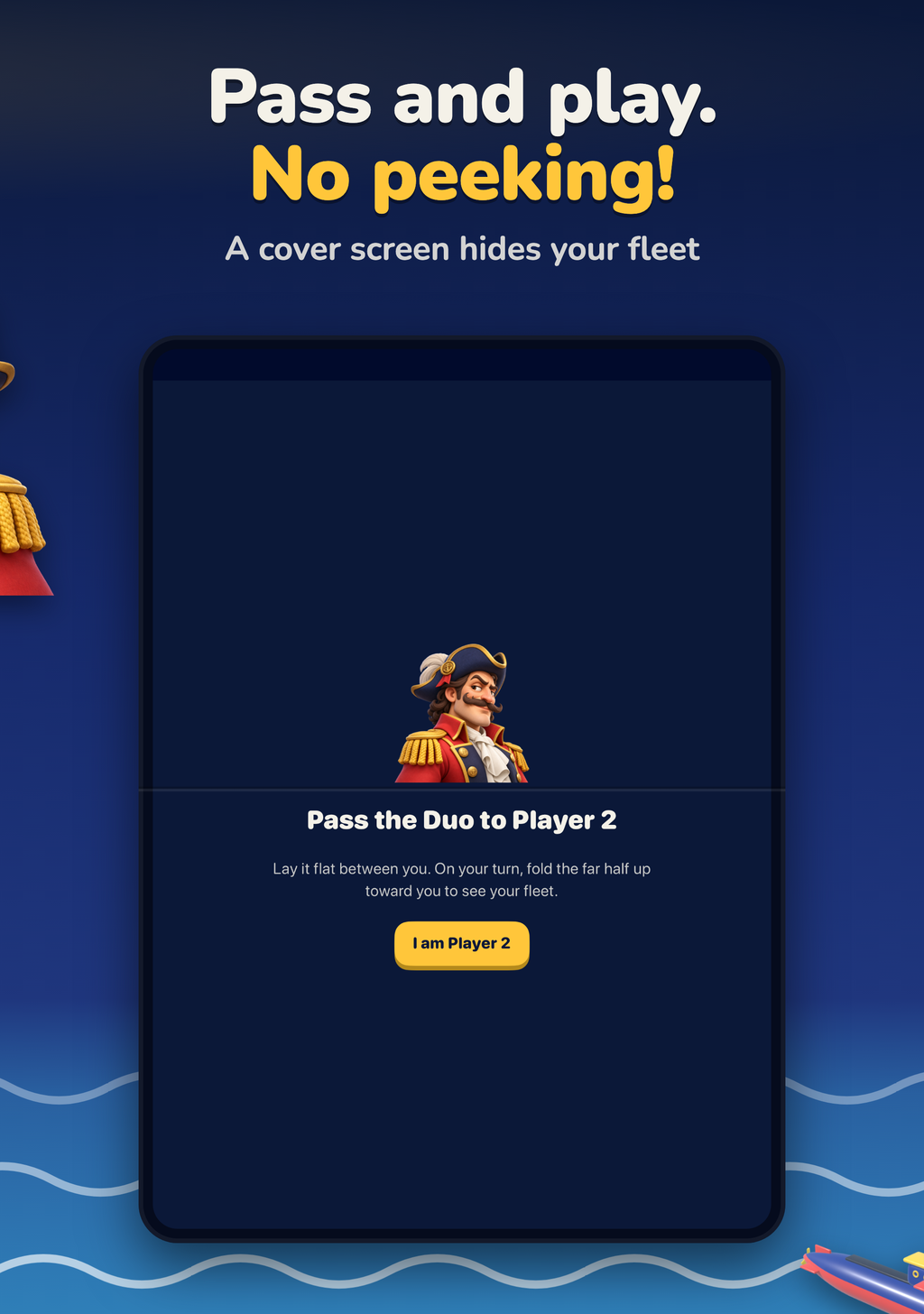 Pass and play. No peeking! The cover screen on the open iPhone Duo says Pass the Duo to Player 2.