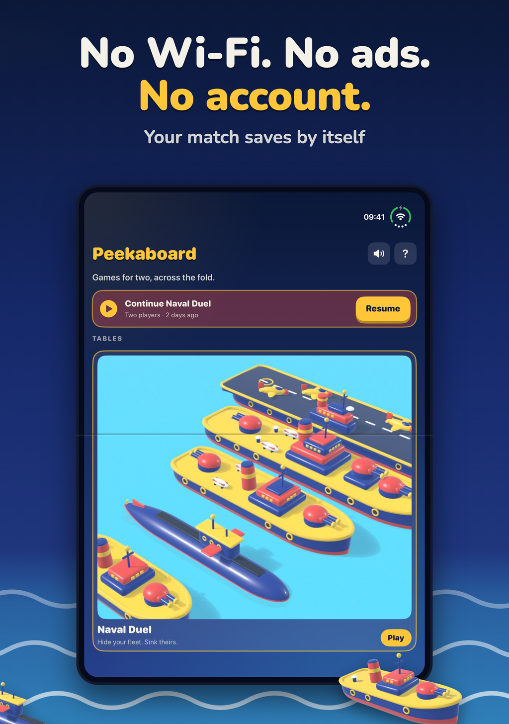 No Wi-Fi. No ads. No account. The Peekaboard home screen on the open iPhone Duo.