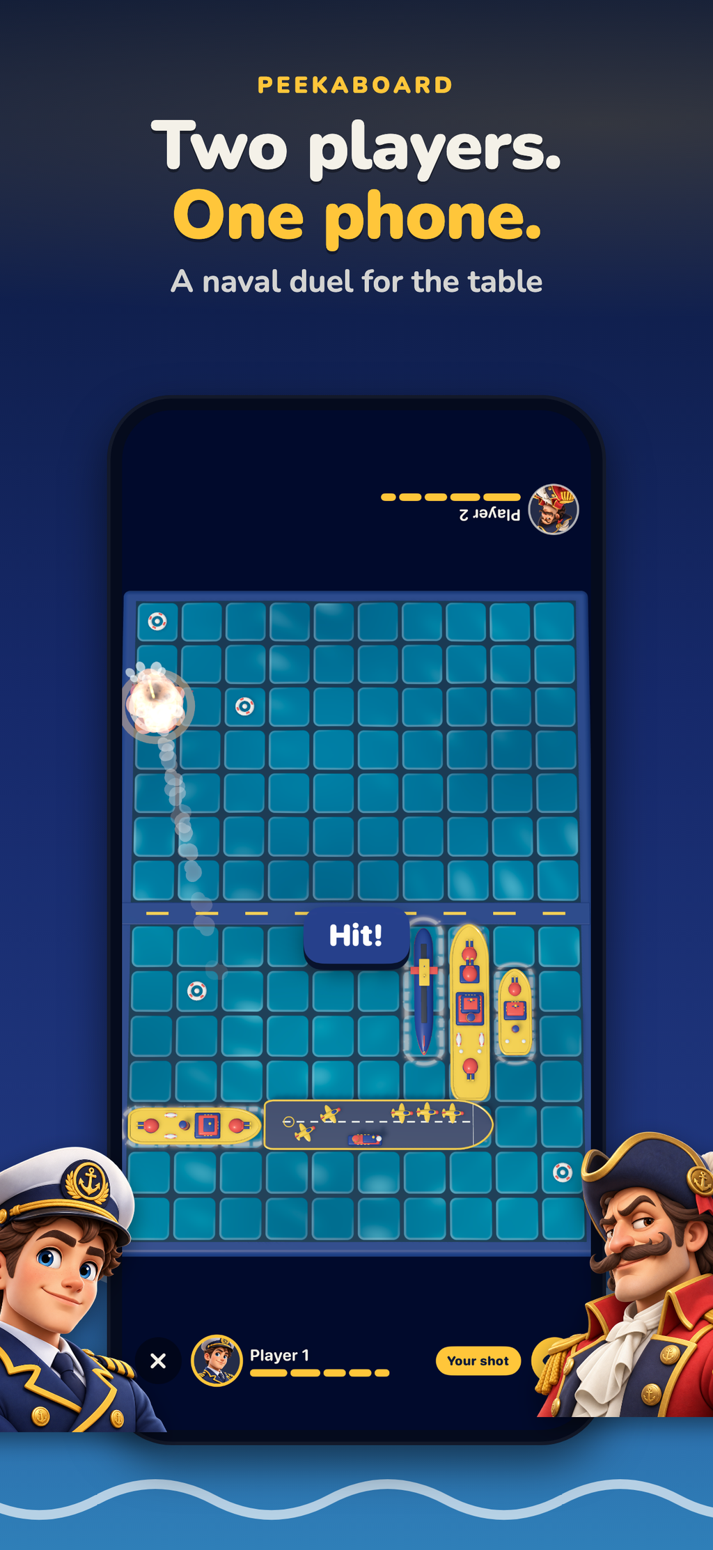 Two players. One phone. A two-player match with Player 1 at the bottom and Player 2 upside down at the top. A hit shows on the top half, and Player 1 peeks at their toy fleet on the bottom half.