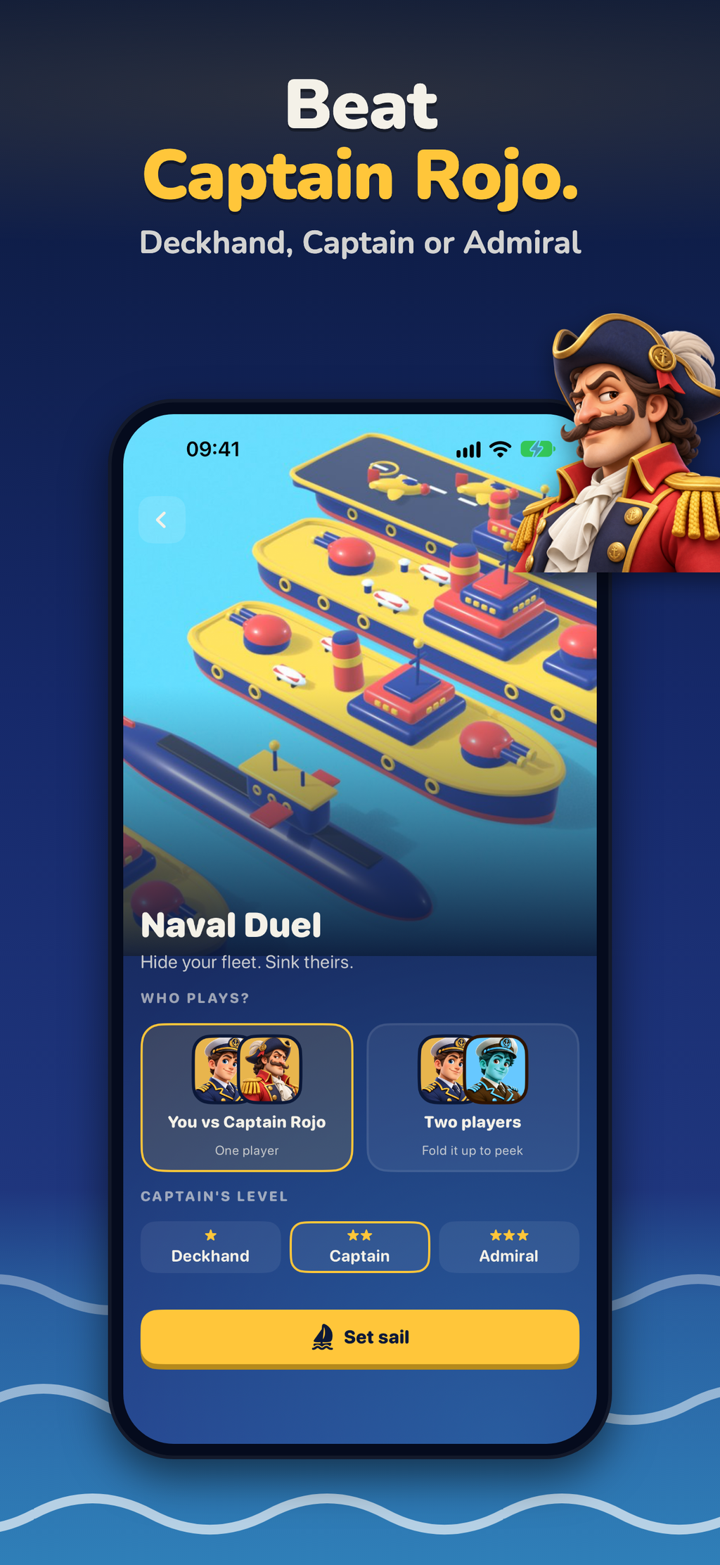 Beat Captain Rojo. The Naval Duel setup screen with You vs Captain Rojo or Two players, the levels Deckhand, Captain and Admiral, and a Set sail button.
