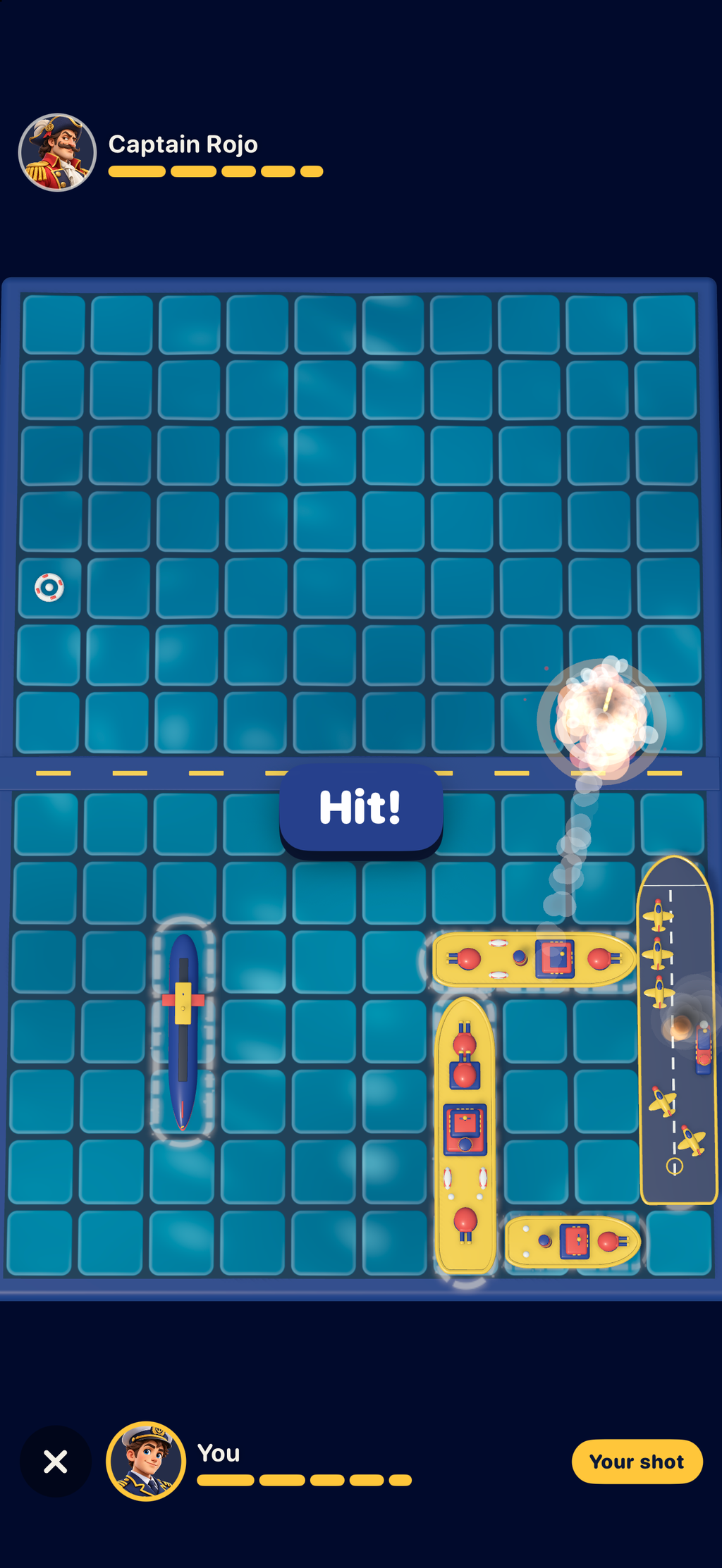 A Naval Duel match against Captain Rojo. A shot lands on his half of the sea with the word Hit, and your yellow toy ships sit on your half below.