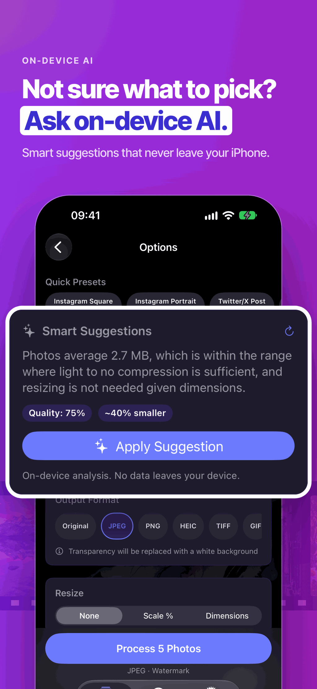 Smart Suggestions from on-device AI recommending 75 percent quality for files about 40 percent smaller
