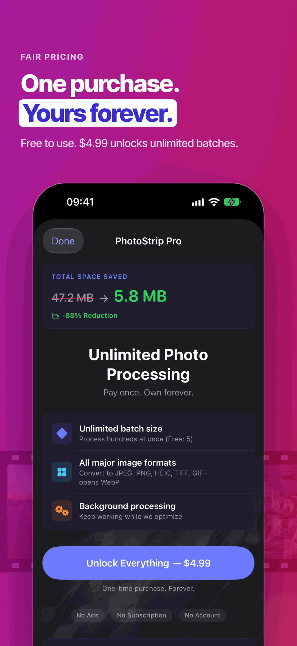 The PhotoStrip Pro screen with unlimited batch size, all major image formats and background processing, unlocked with a one-time purchase