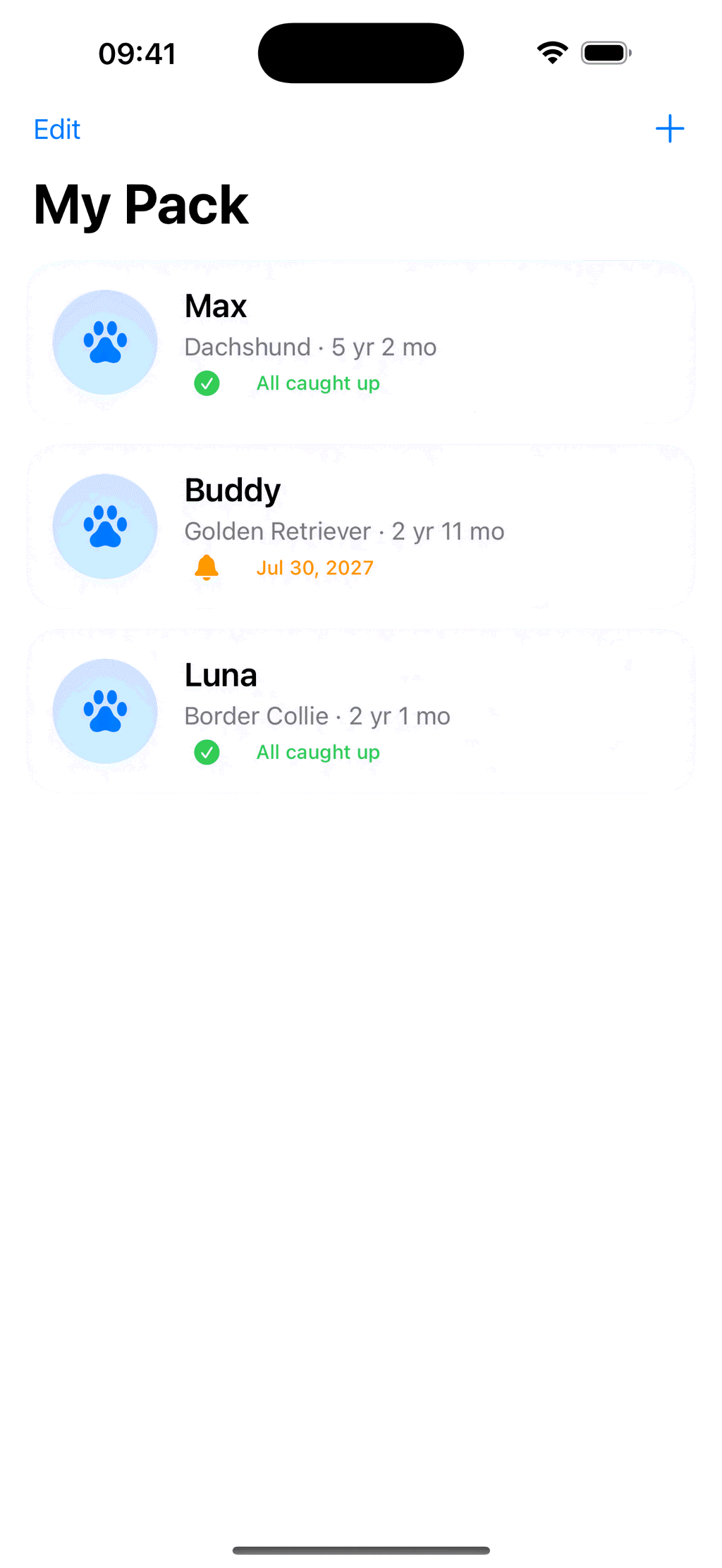 The Pupport dashboard listing Max, Buddy and Luna with their breed, age, and whether anything is due