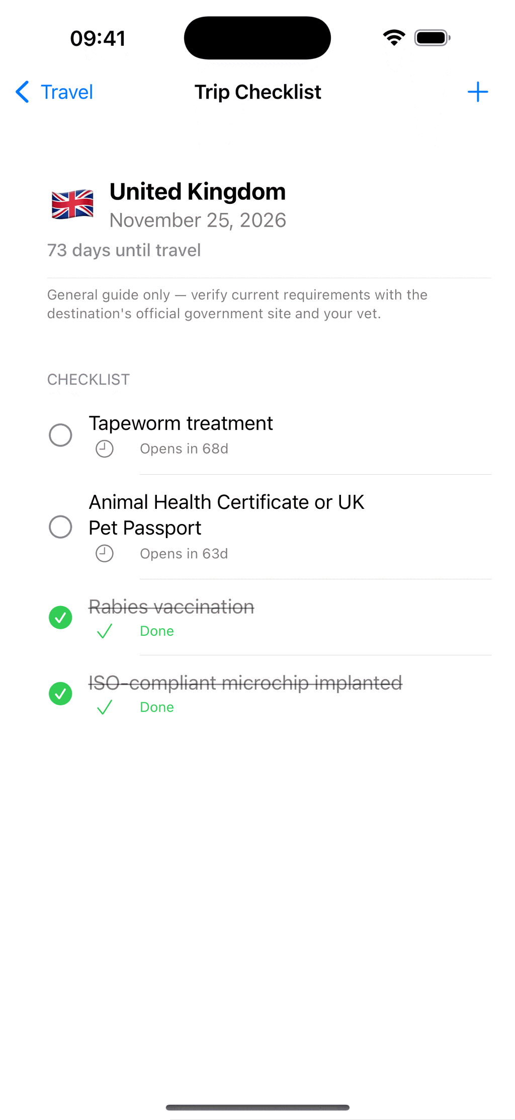 A United Kingdom trip checklist 73 days before travel, with the microchip and rabies steps ticked off and the tapeworm and health certificate windows still to open