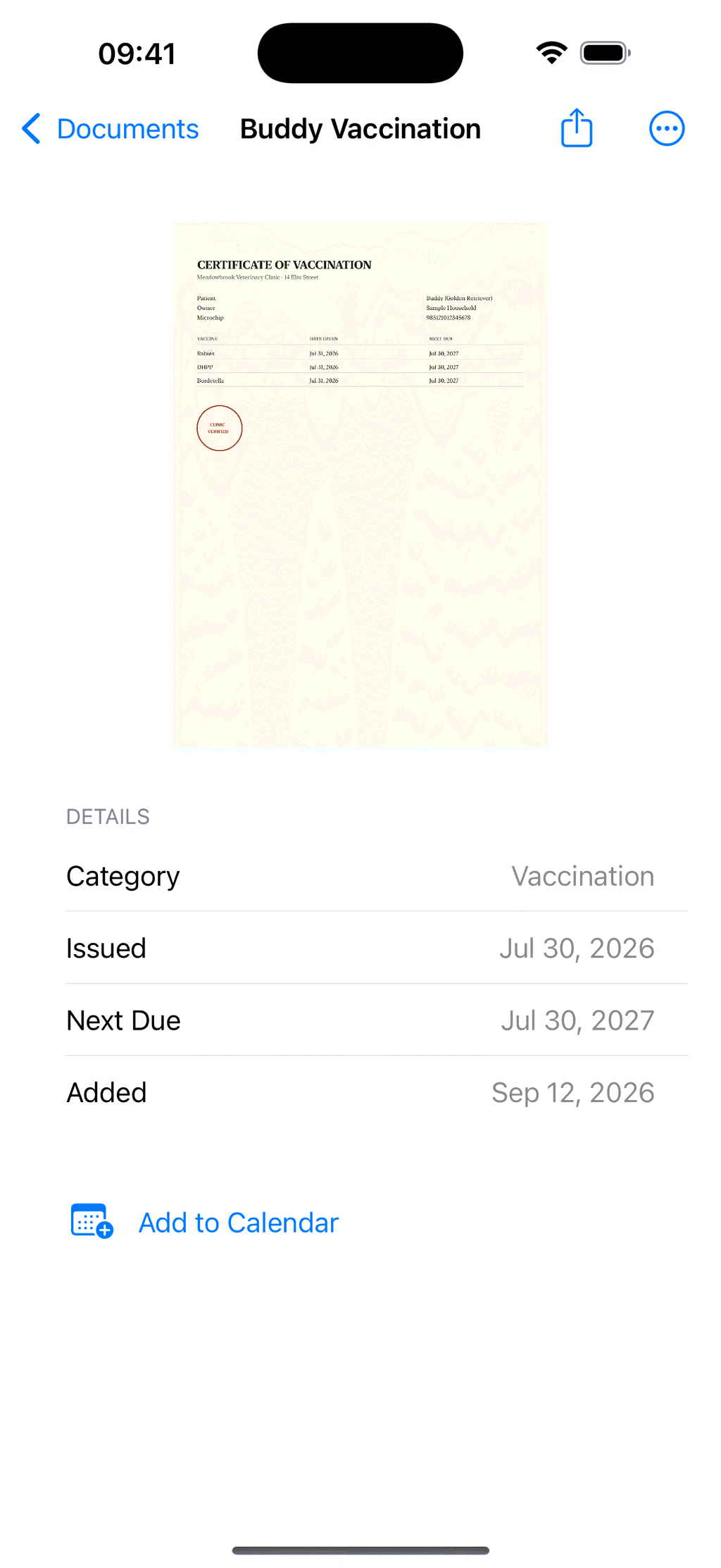A scanned vaccination certificate with the category, issue date, next due date and an Add to Calendar button below it